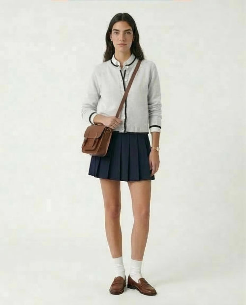 Ravin Contrast-Trim Ribbed Knit Cropped Cardigan – Grey/Black - R211190