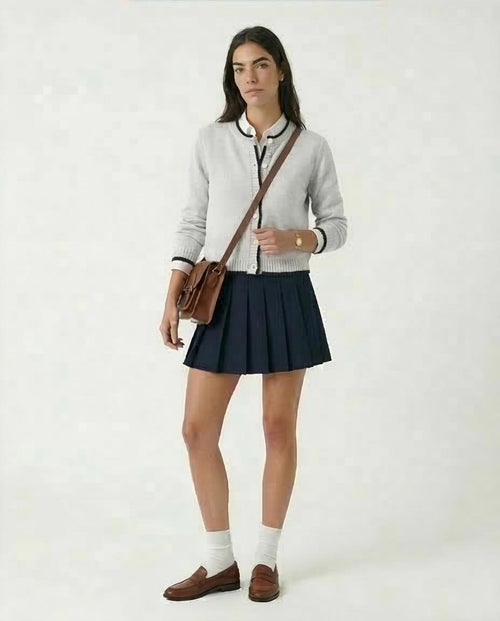 Ravin Contrast-Trim Ribbed Knit Cropped Cardigan – Grey/Black - R211190