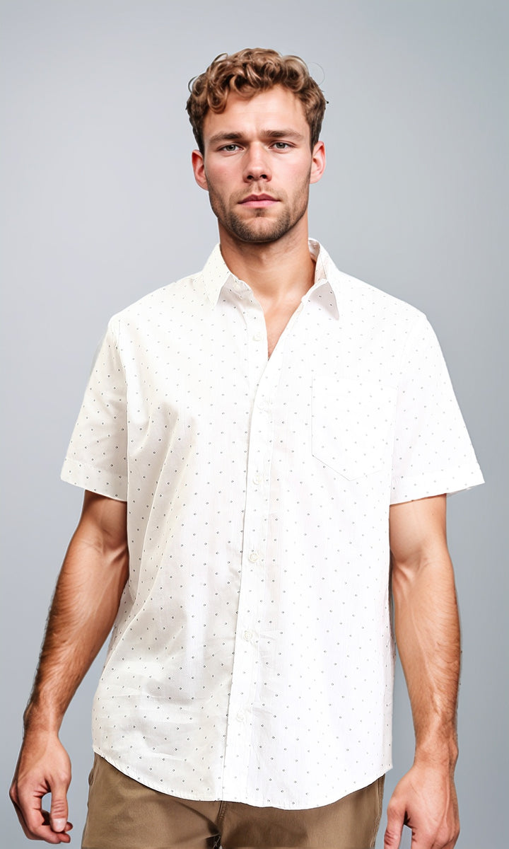 Regular Fit Short Sleeves Dotted Shirt - White