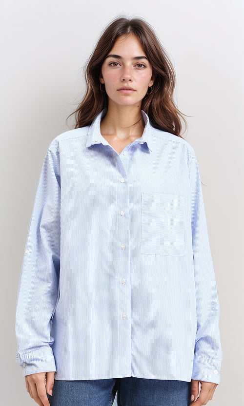 R211192 - Casual Striped Shirt with Front Pocket - Light Blue & White