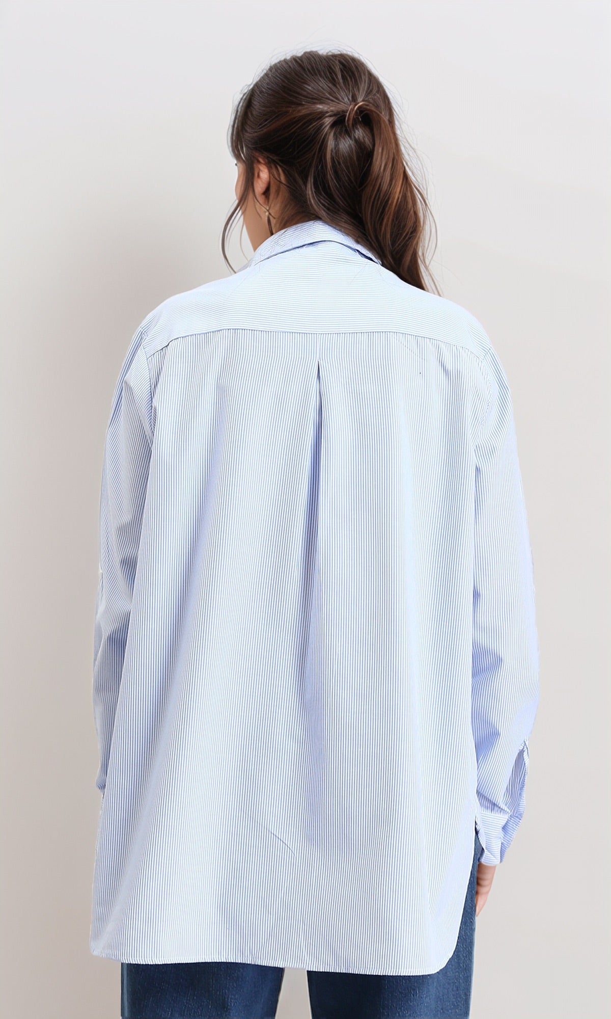 R211192 - Casual Striped Shirt with Front Pocket - Light Blue & White