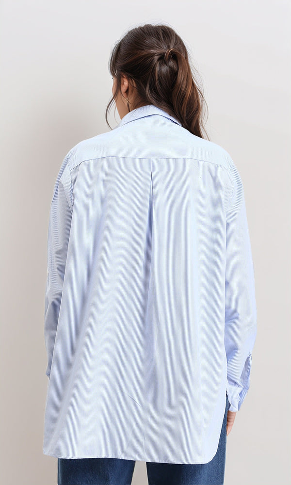 R211192 - Casual Striped Shirt with Front Pocket - Light Blue & White