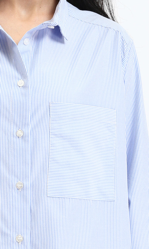 R211192 - Casual Striped Shirt with Front Pocket - Light Blue & White