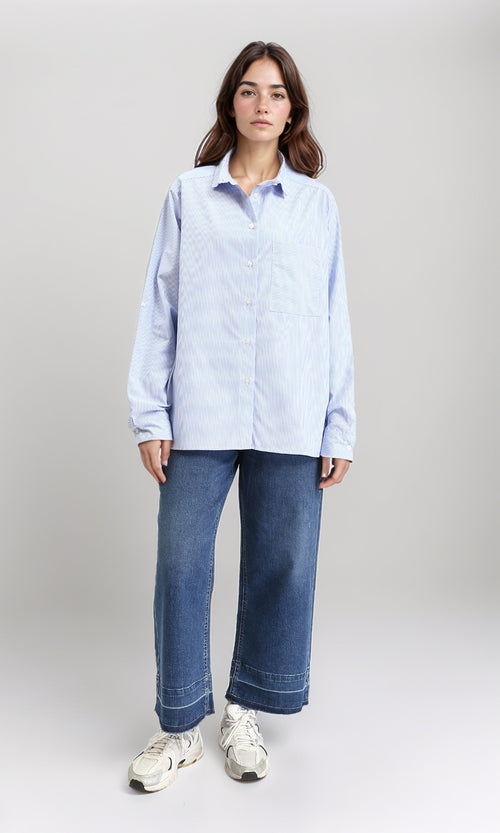 R211192 - Casual Striped Shirt with Front Pocket - Light Blue & White