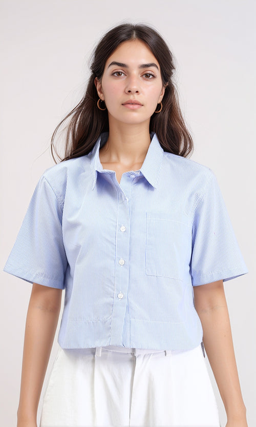 Striped Shirt with Front Pocket - Light Blue & White
