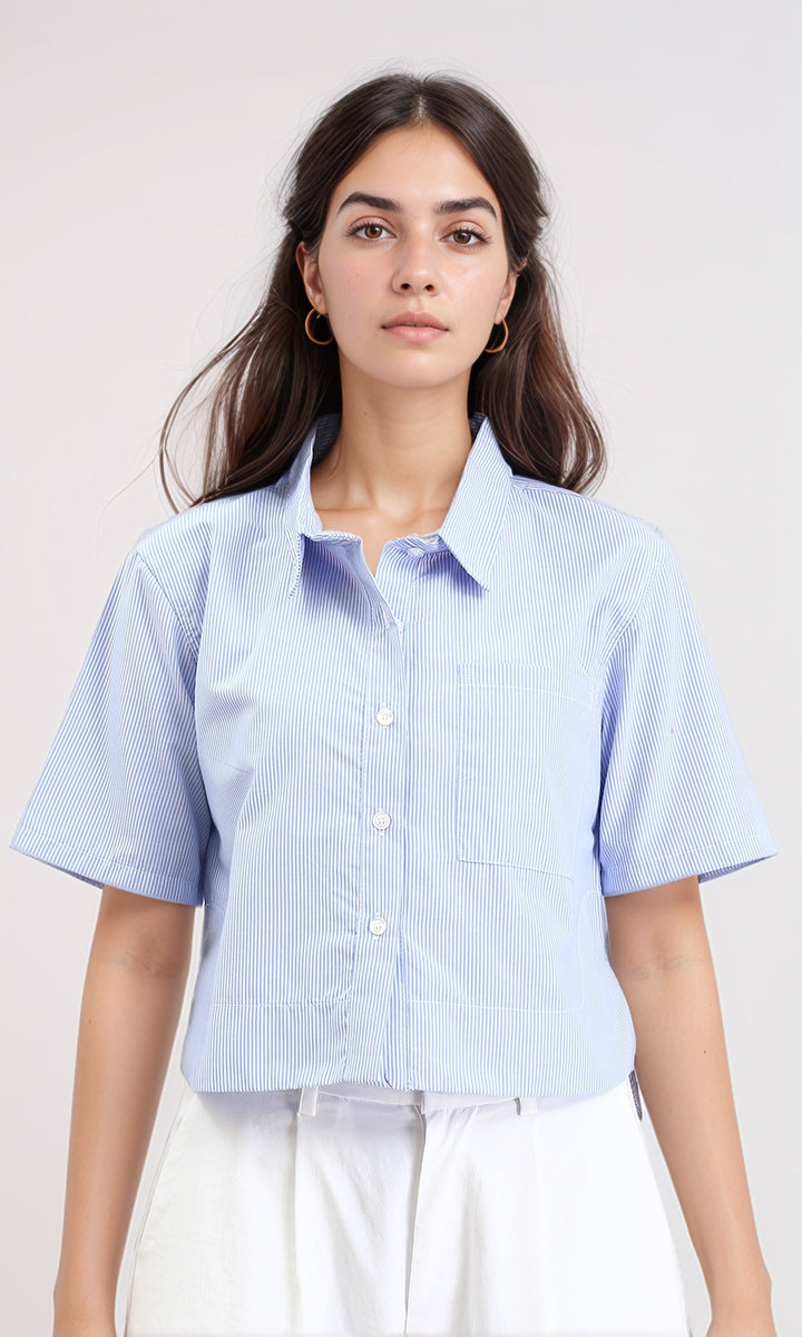 Striped Shirt with Front Pocket - Light Blue & White