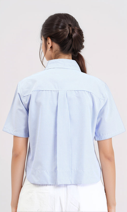 R211193 - Striped Shirt with Front Pocket - Light Blue & White