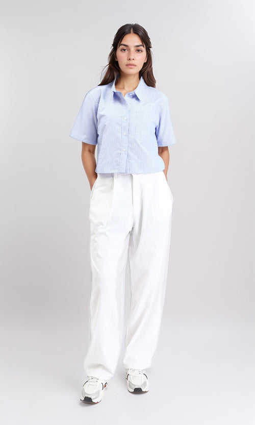R211193 - Striped Shirt with Front Pocket - Light Blue & White
