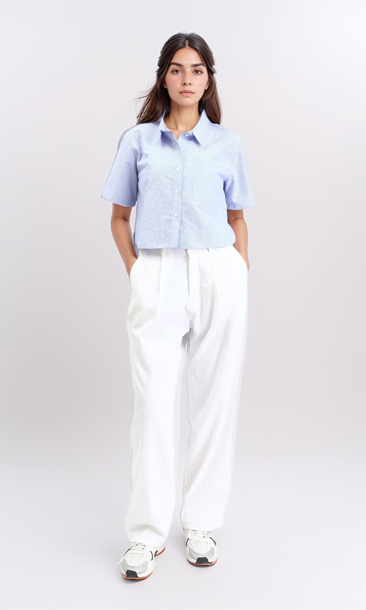 R211193 - Striped Shirt with Front Pocket - Light Blue & White