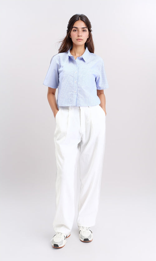 R211193 - Striped Shirt with Front Pocket - Light Blue & White