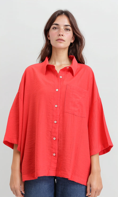 R211194 - 3/4 Sleeves Relaxed Textured Shirt - Red