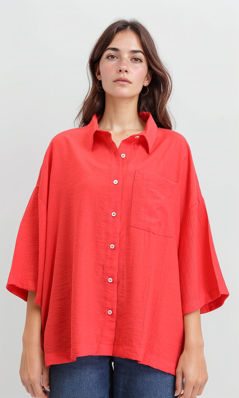 R211194 - 3/4 Sleeves Relaxed Textured Shirt - Red