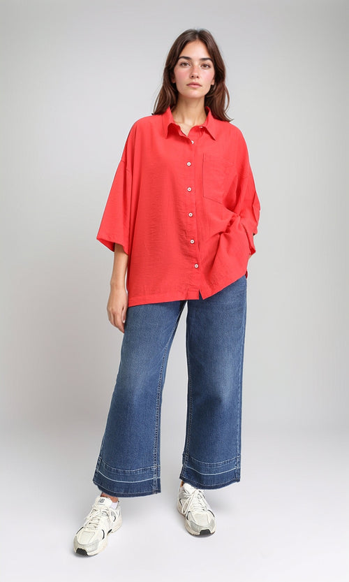 R211194 - 3/4 Sleeves Relaxed Textured Shirt - Red