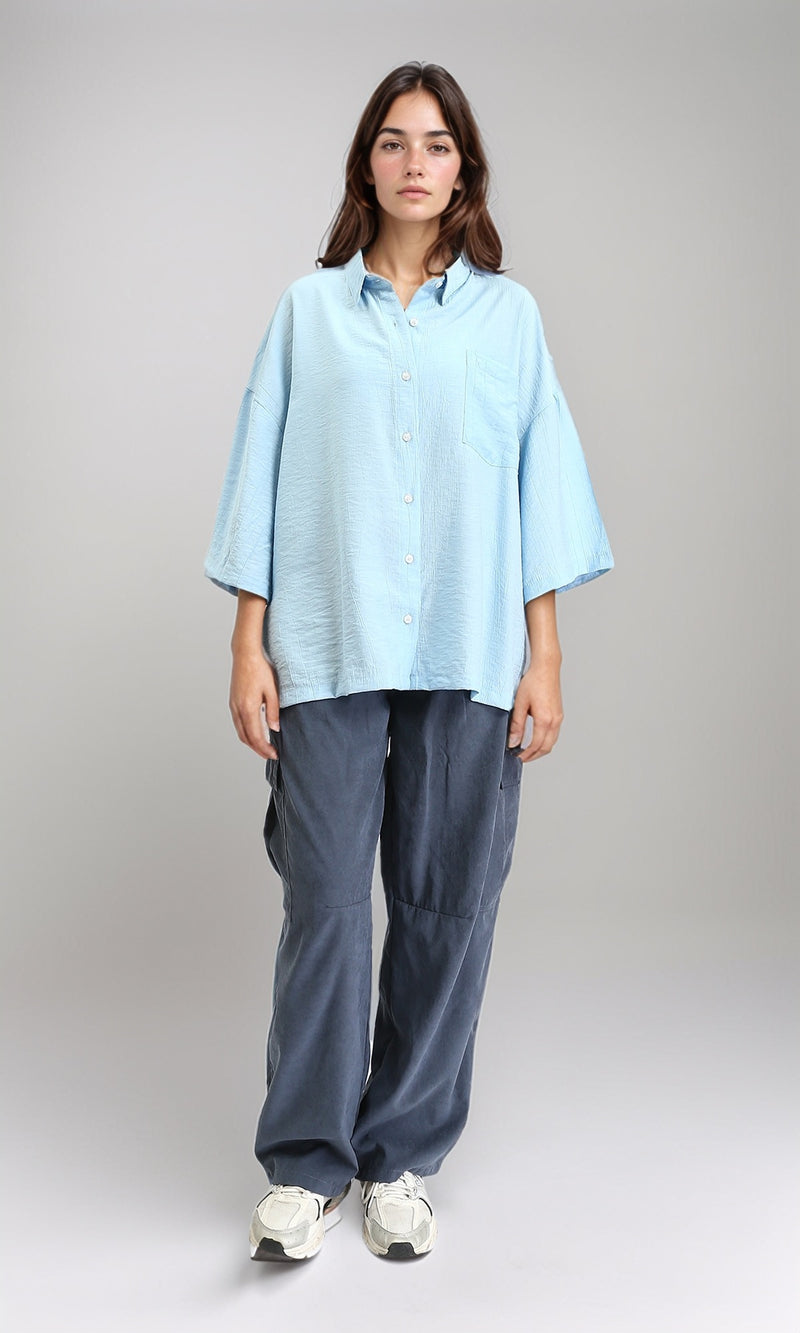 R211195 - 3/4 Sleeves Relaxed Textured Shirt - Aqua
