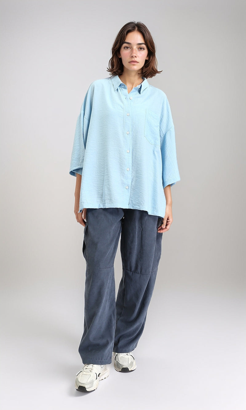 R211195 - 3/4 Sleeves Relaxed Textured Shirt - Aqua