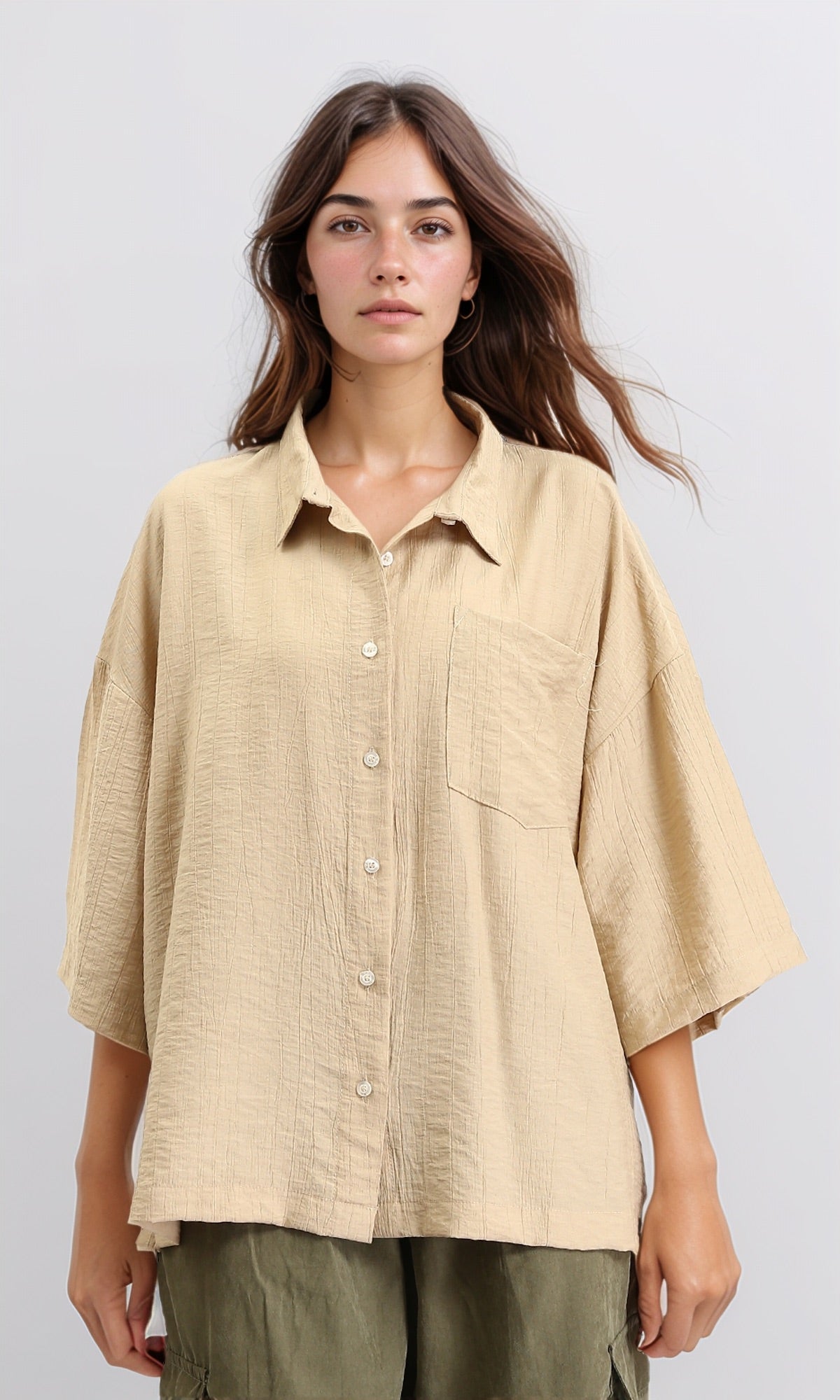 3/4 Sleeves Relaxed Textured Shirt - Dark Beige