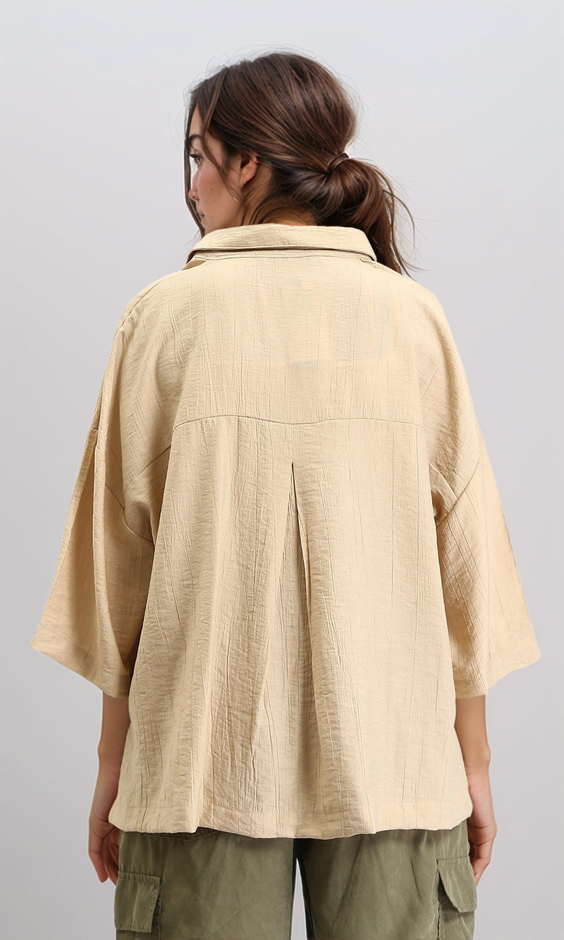 R211196 - 3/4 Sleeves Relaxed Textured Shirt - Dark Beige