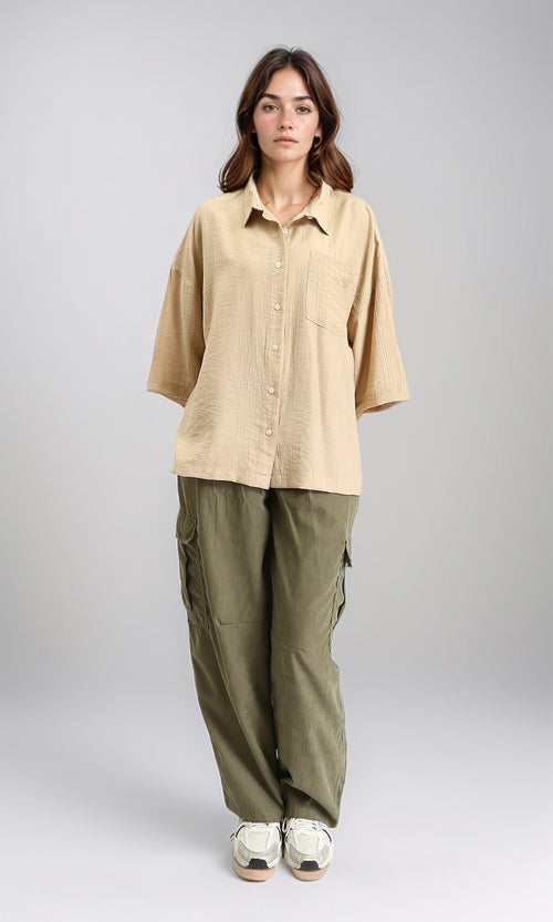 R211196 - 3/4 Sleeves Relaxed Textured Shirt - Dark Beige