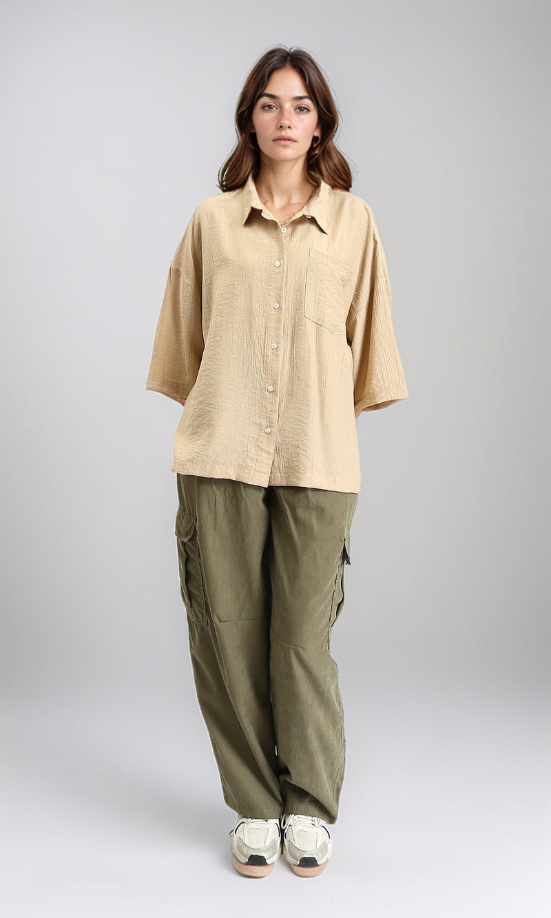 R211196 - 3/4 Sleeves Relaxed Textured Shirt - Dark Beige