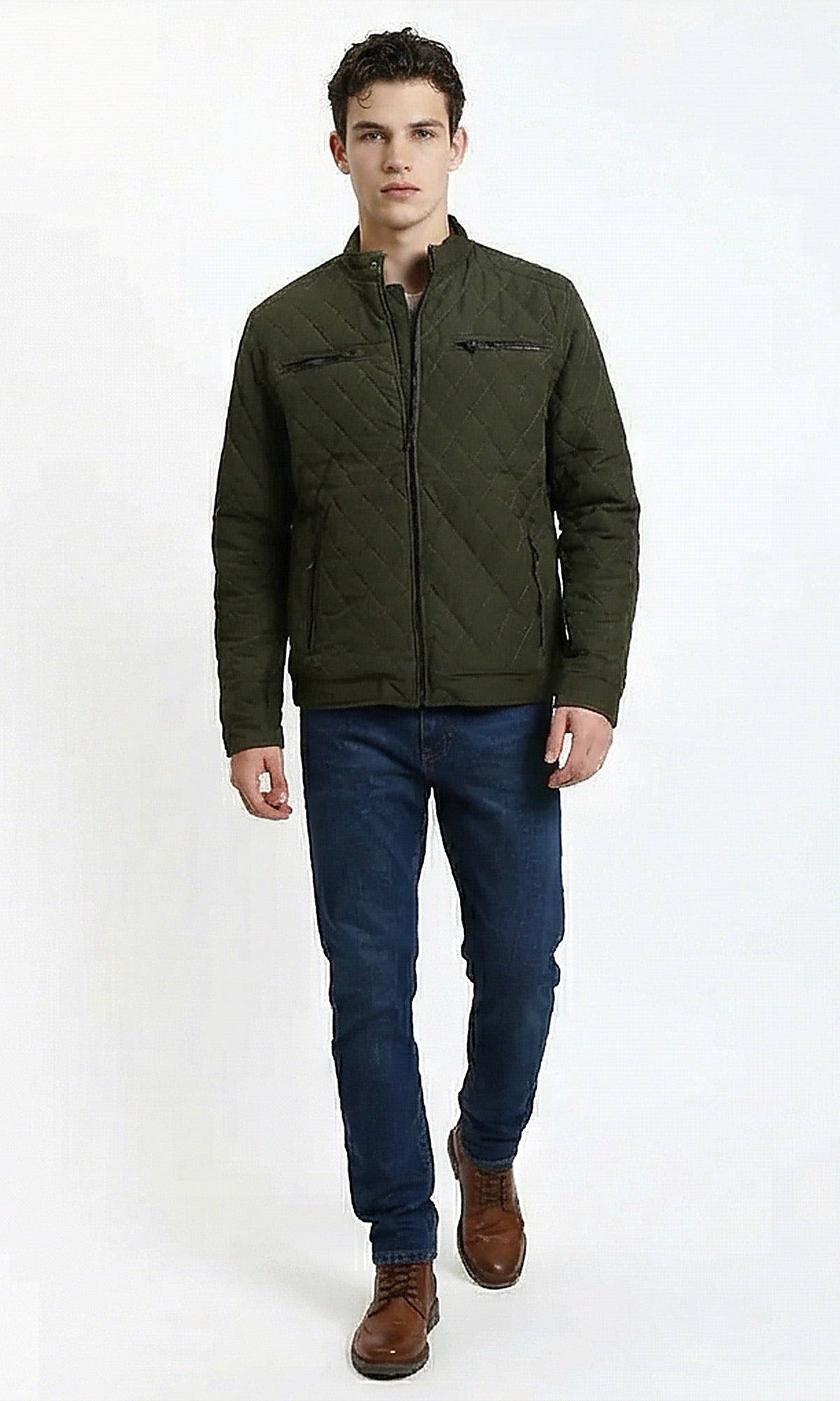 Olive Quilted Mock Neck Jacket