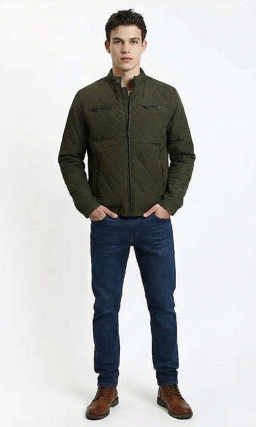 Olive Quilted Mock Neck Jacket