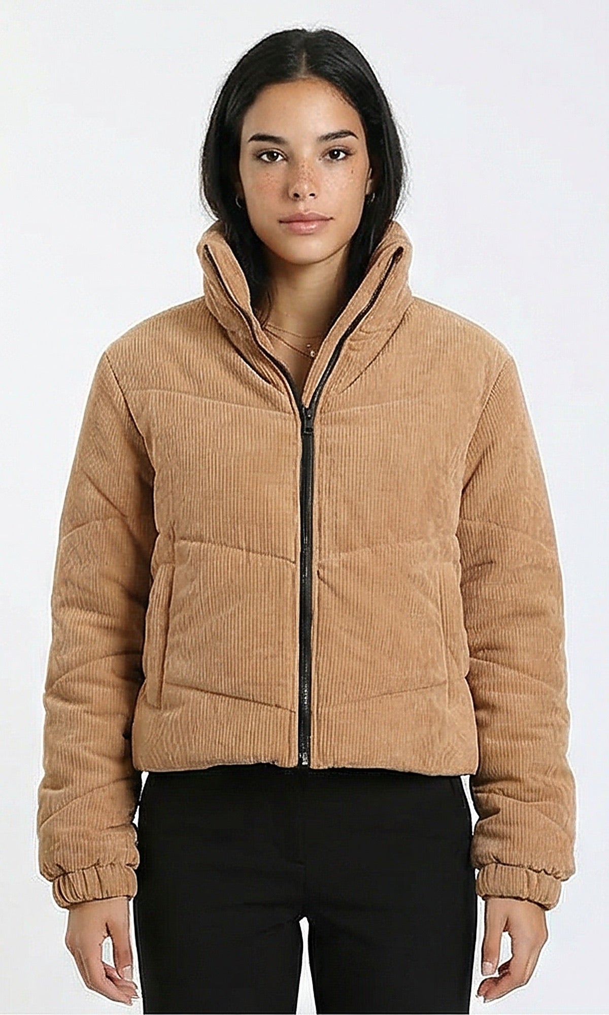 Casual Corduroy Jacket with Stand Collar - Dark Camel