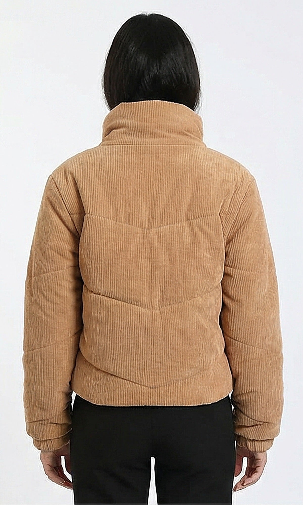 R211241 - Casual Corduroy Jacket with Stand Collar - Dark Camel