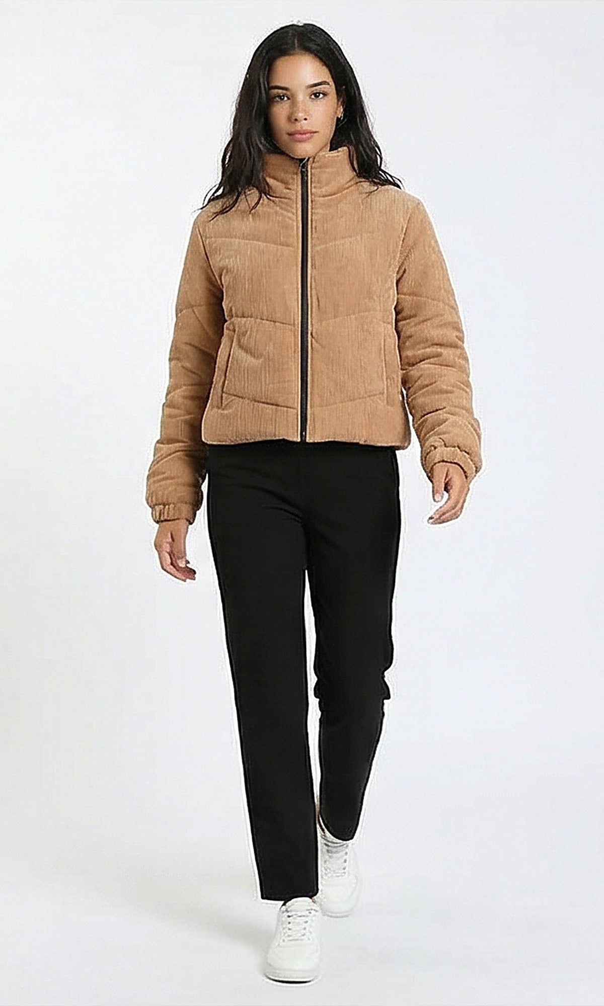 R211241 - Casual Corduroy Jacket with Stand Collar - Dark Camel