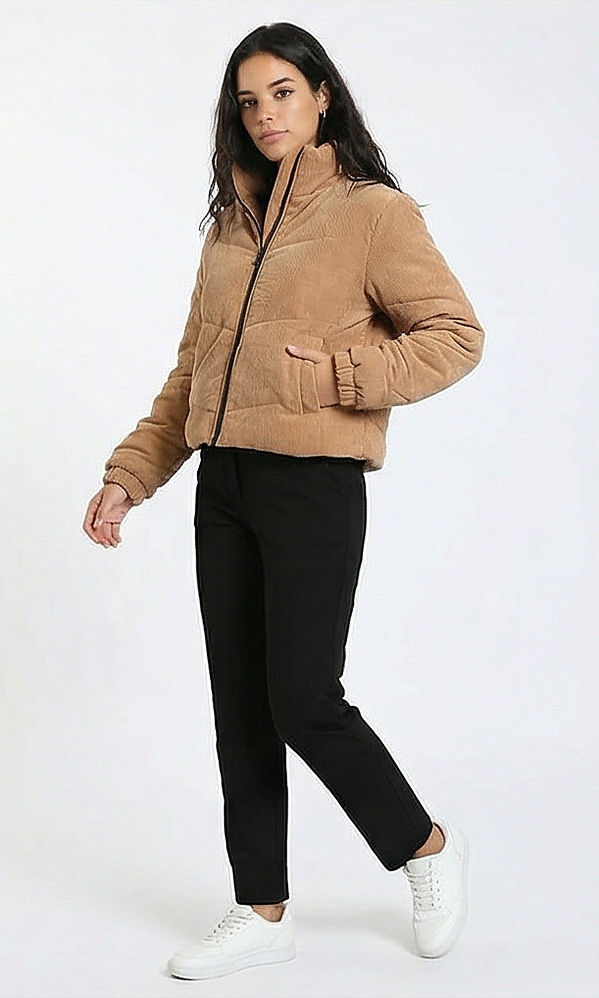 R211241 - Casual Corduroy Jacket with Stand Collar - Dark Camel