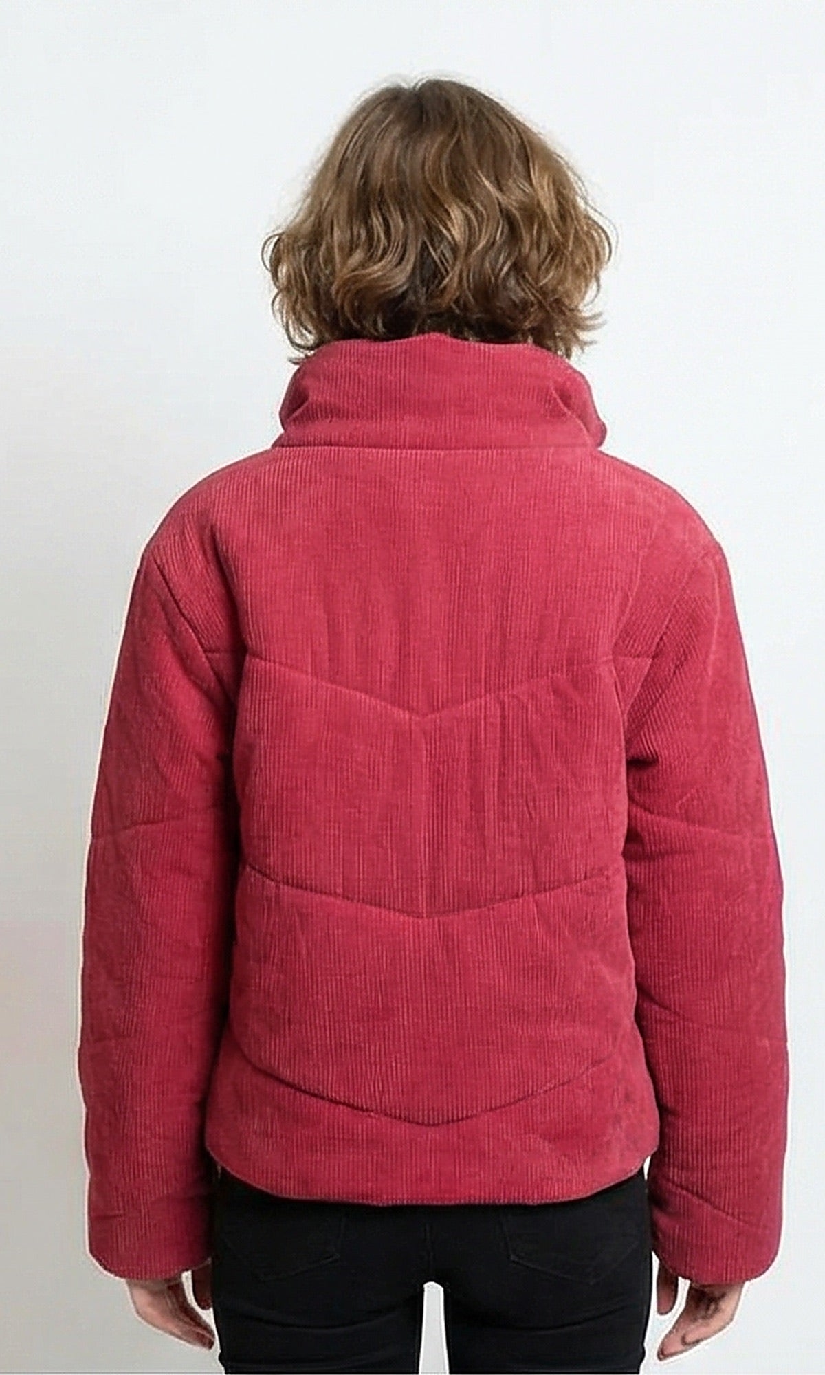 جاكيت مبطن أحمر ياقة قائمة من قماش الكوردروي