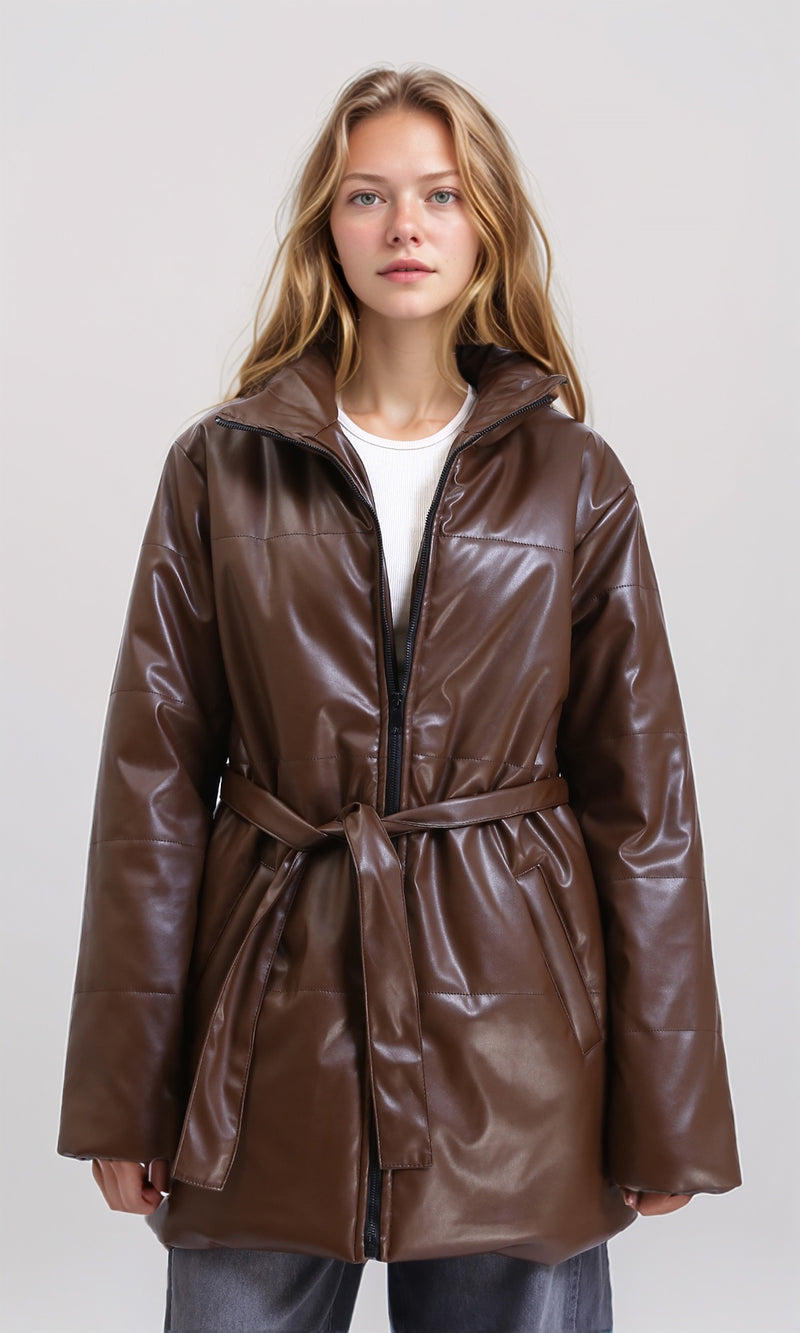 R211244 - Shiny Long Jacket with Stand Collar - Brown