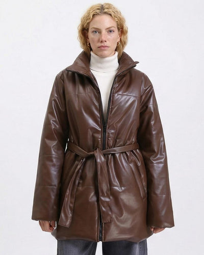 Ravin Faux-Leather Belted Puffer Jacket In Chocolate R211244