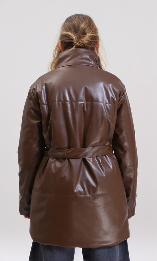 R211244 - Shiny Long Jacket with Stand Collar - Brown
