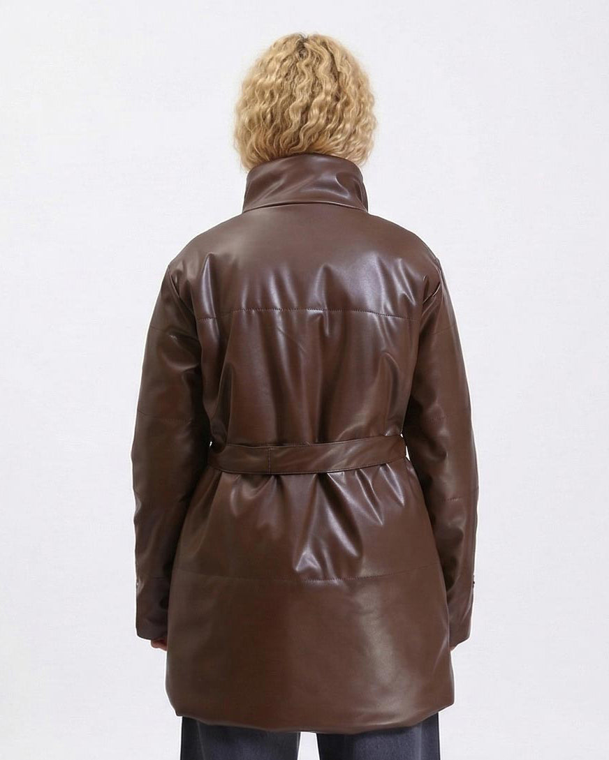 Ravin Faux-Leather Belted Puffer Jacket in Chocolate R211244
