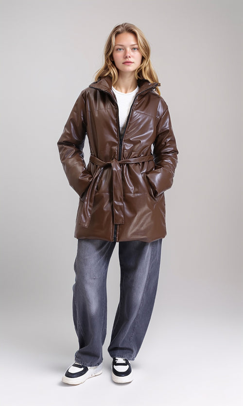 R211244 - Shiny Long Jacket with Stand Collar - Brown