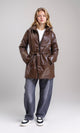 R211244 - Shiny Long Jacket with Stand Collar - Brown