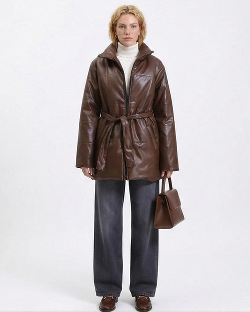 Ravin Faux-Leather Belted Puffer Jacket in Chocolate R211244
