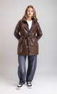 R211244 - Shiny Long Jacket with Stand Collar - Brown