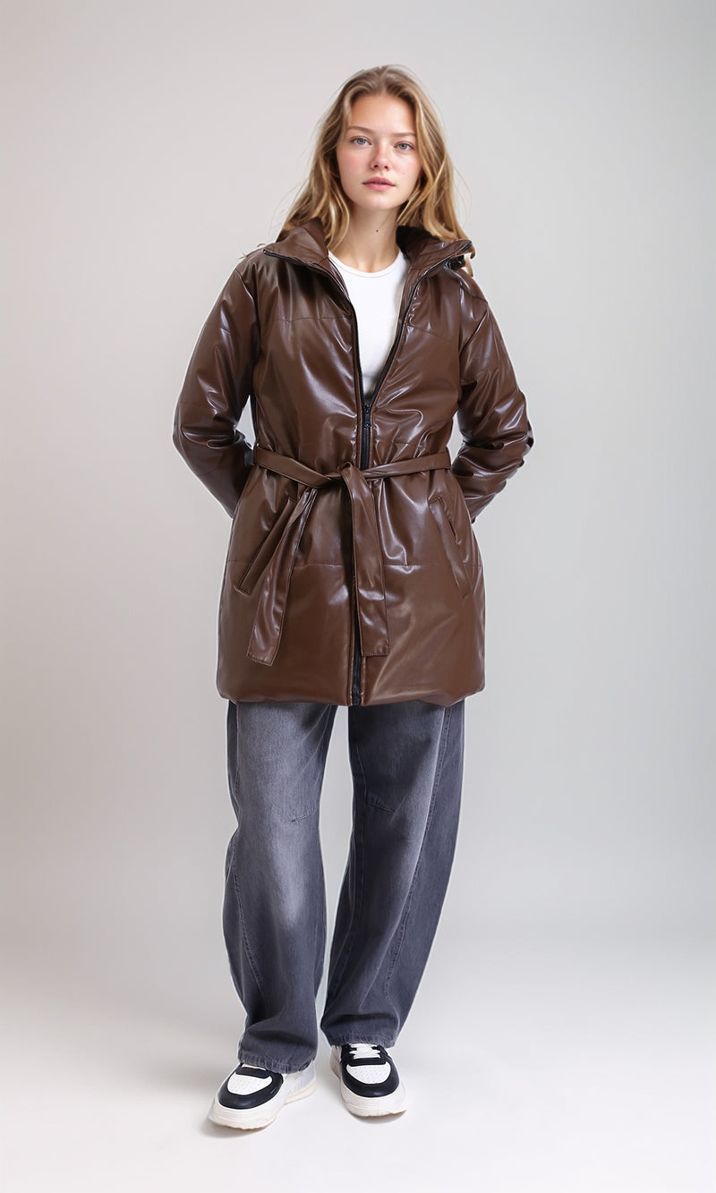 R211244 - Shiny Long Jacket with Stand Collar - Brown