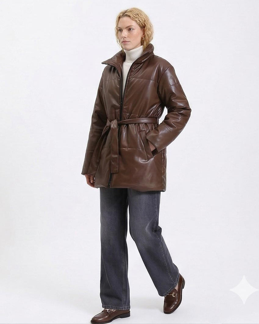 Ravin Faux-Leather Belted Puffer Jacket in Chocolate R211244