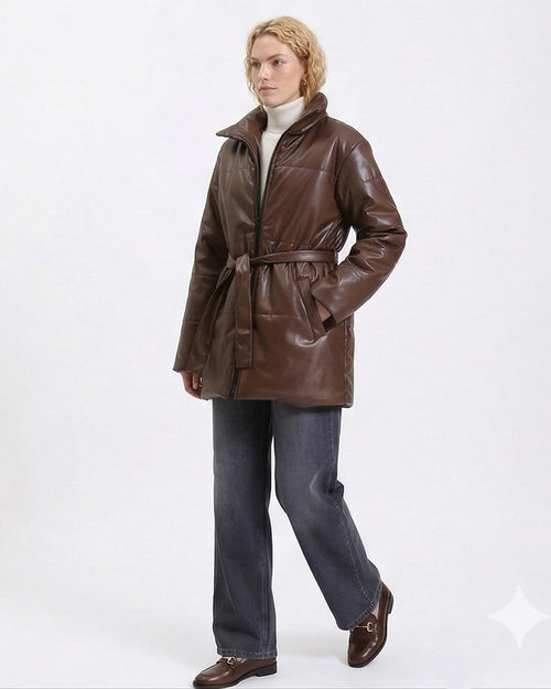 Ravin Faux-Leather Belted Puffer Jacket in Chocolate R211244