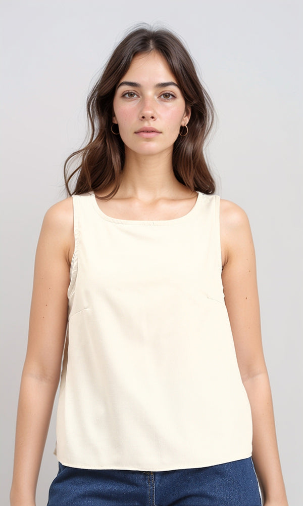R211290 - Basic Sleeveless Crew Neck Blouse - Beige