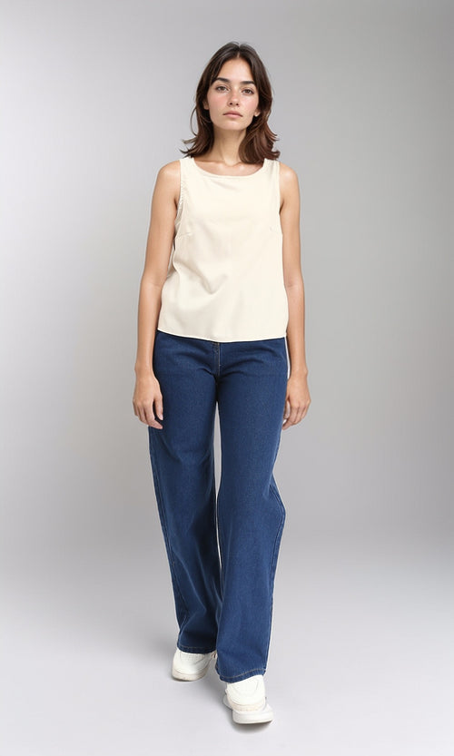 R211290 - Basic Sleeveless Crew Neck Blouse - Beige