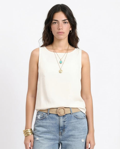 Sleeveless Round-Neck Shell Top with Keyhole Back - Off-White