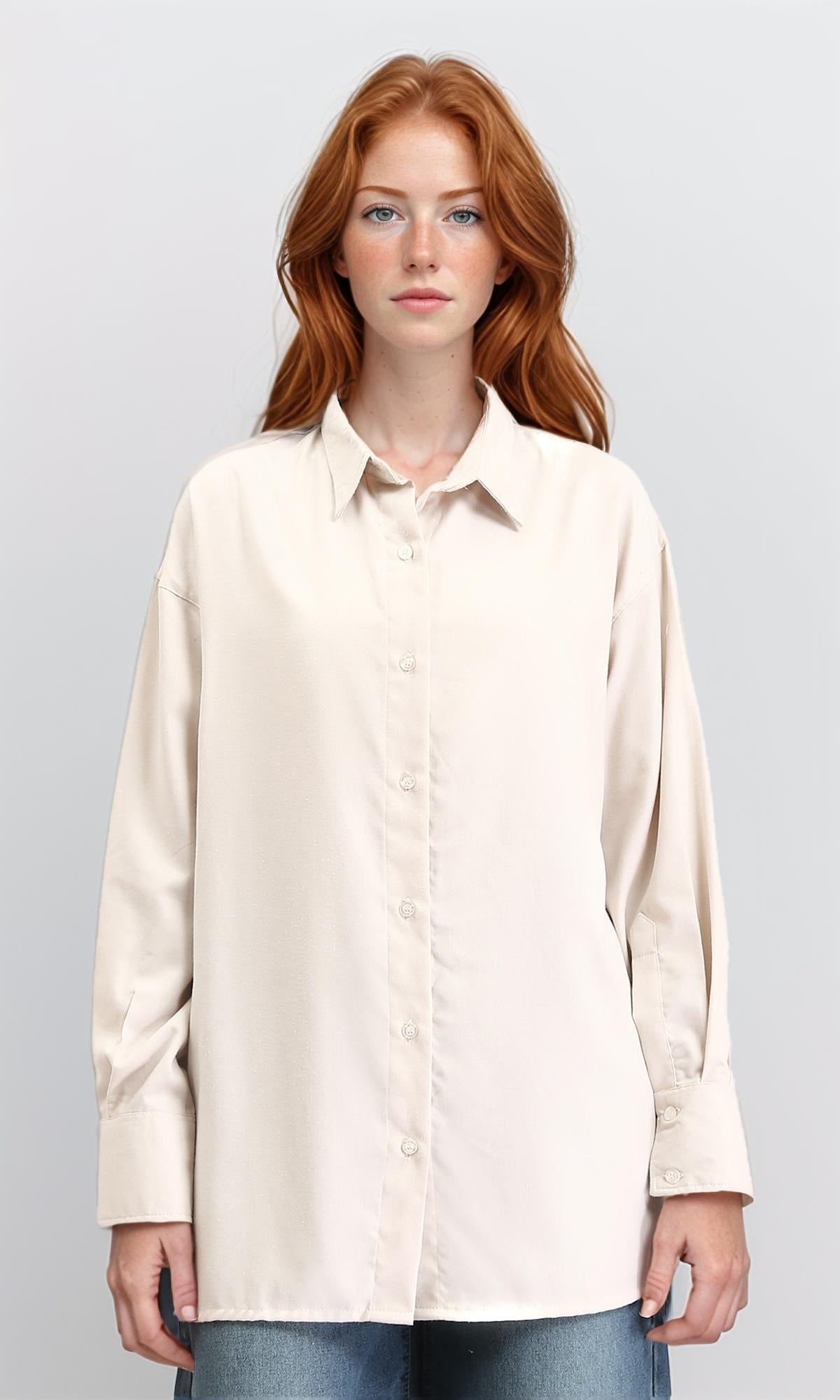 Solid Long Shirt with Classic Collar - Beige