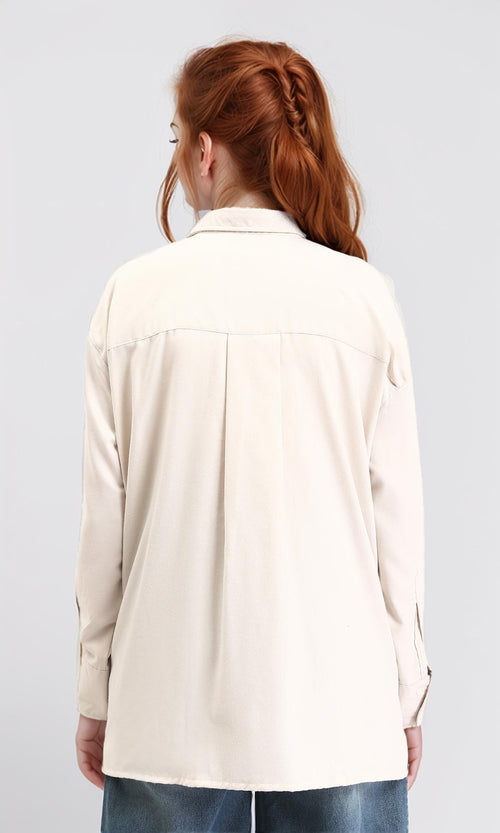 R211295 - Solid Long Shirt with Classic Collar - Beige