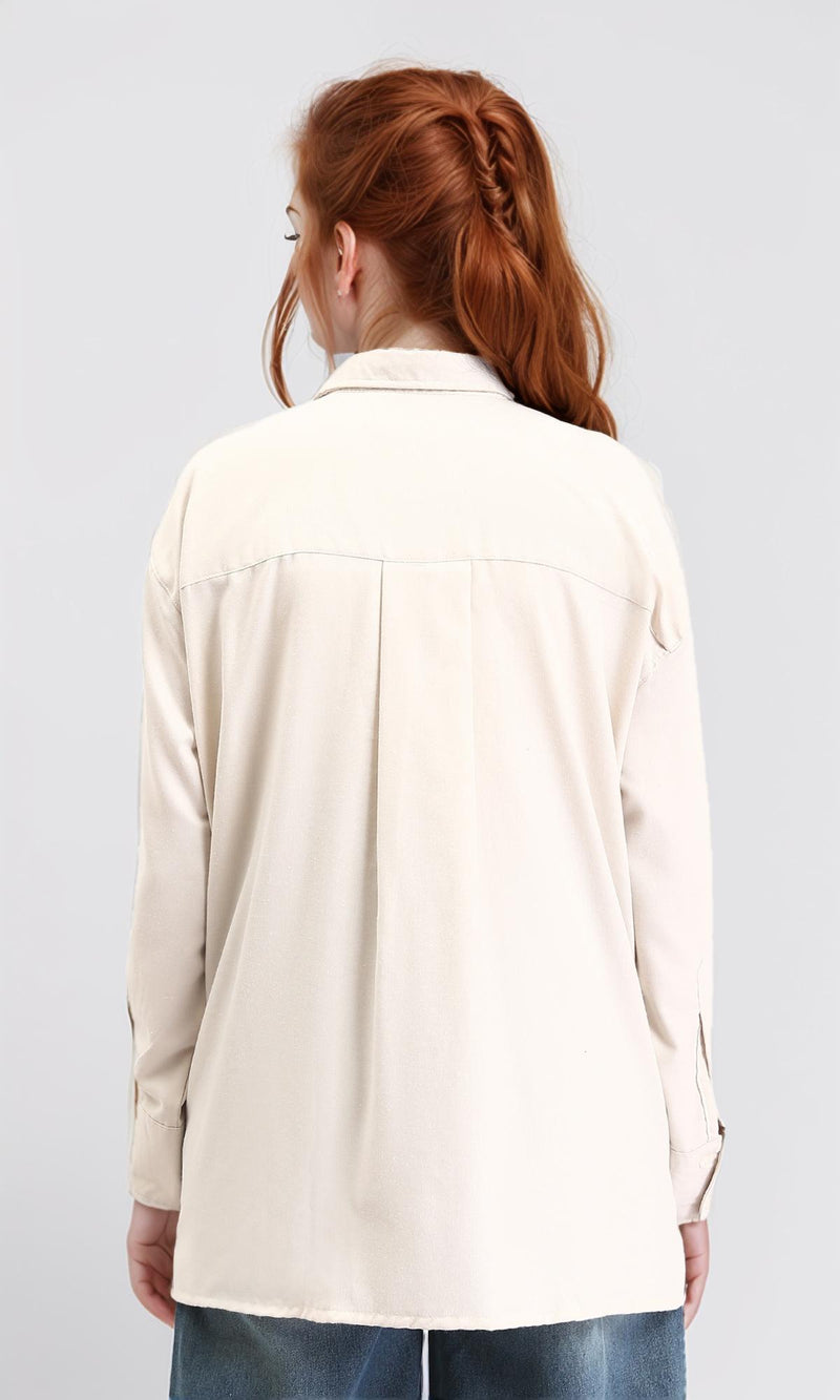 R211295 - Solid Long Shirt with Classic Collar - Beige