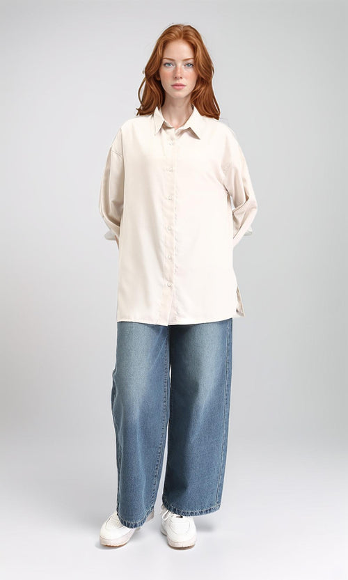 R211295 - Solid Long Shirt with Classic Collar - Beige