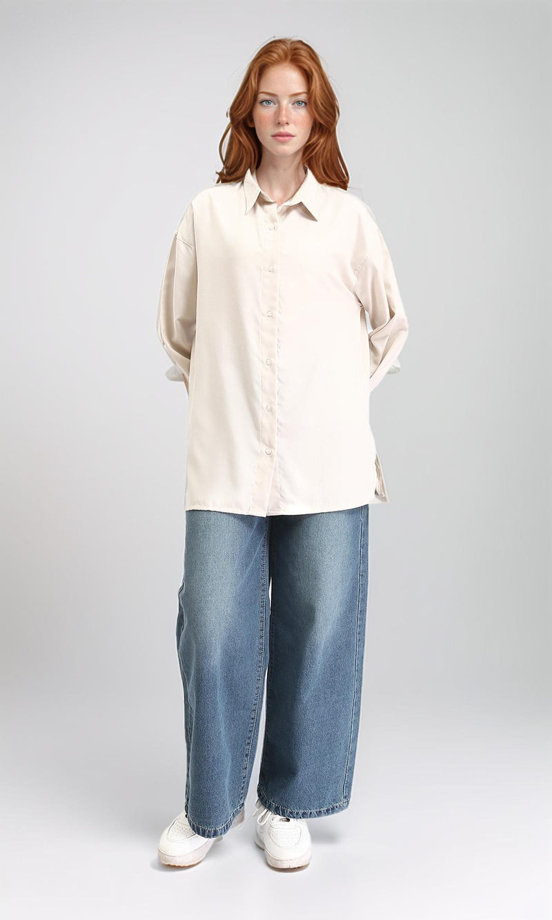 R211295 - Solid Long Shirt with Classic Collar - Beige