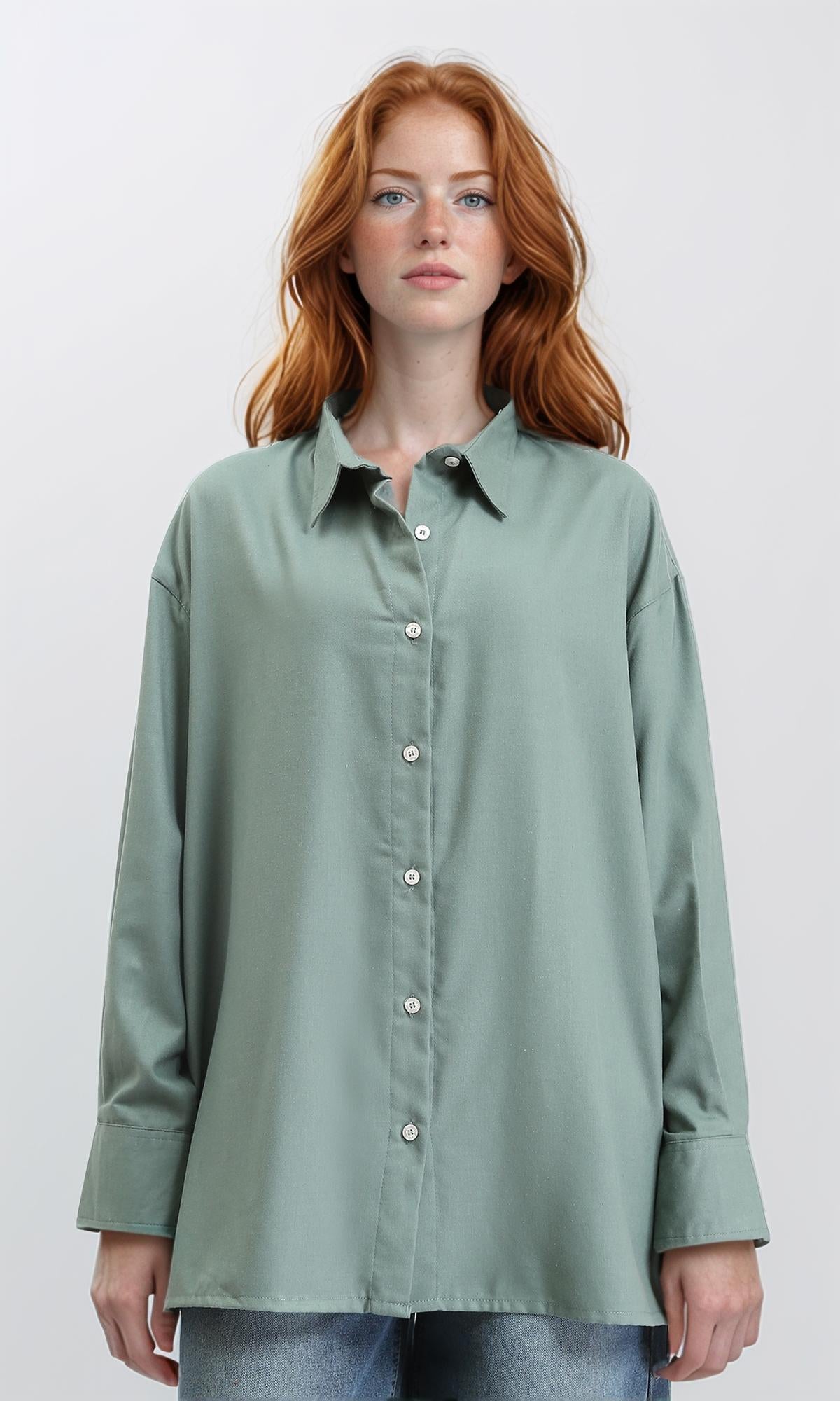 Solid Long Shirt with Classic Collar - Dark Mint